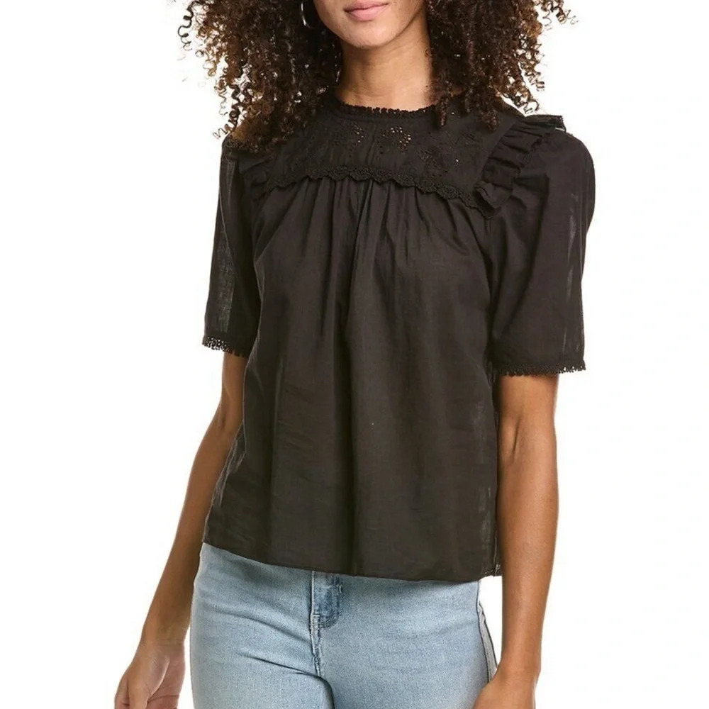 St. Roche Birdie Ruffle High Neck Short Sleeve Blouse Black NWT Regencycore Chic